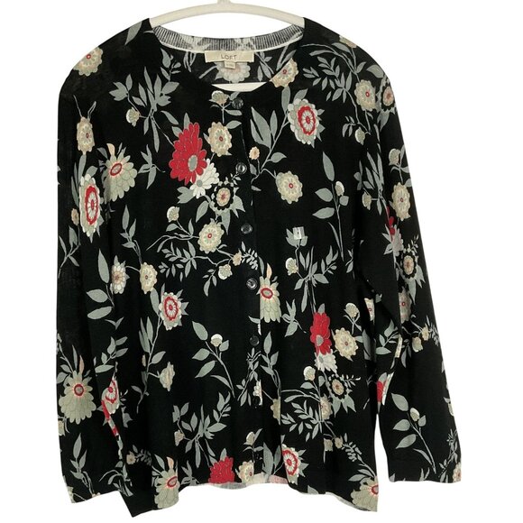 NWT LOFT black floral print button-up cardigan, XL - Picture 1 of 10